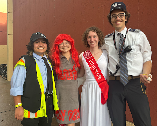 Drum section leaders dressed as their transit agency of choice, riffing on NYC’s historical Miss Subway pageants. From left: Simon Valencia ‘26,  L.A. Metro; Chloe Chang ‘25, San Francisco Muni; Marguerite DeMarco ‘25,  Marguerite; and Hugo Budd ‘24, Amtrak. 