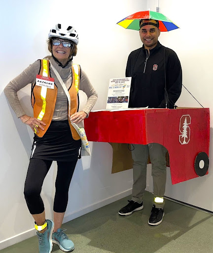  Justin + Kim on Halloween dressed up as Petite Marguerite and our colleague Ariadne Scott, who helms Stanford’s bike program. Did we mention we like to have fun? 