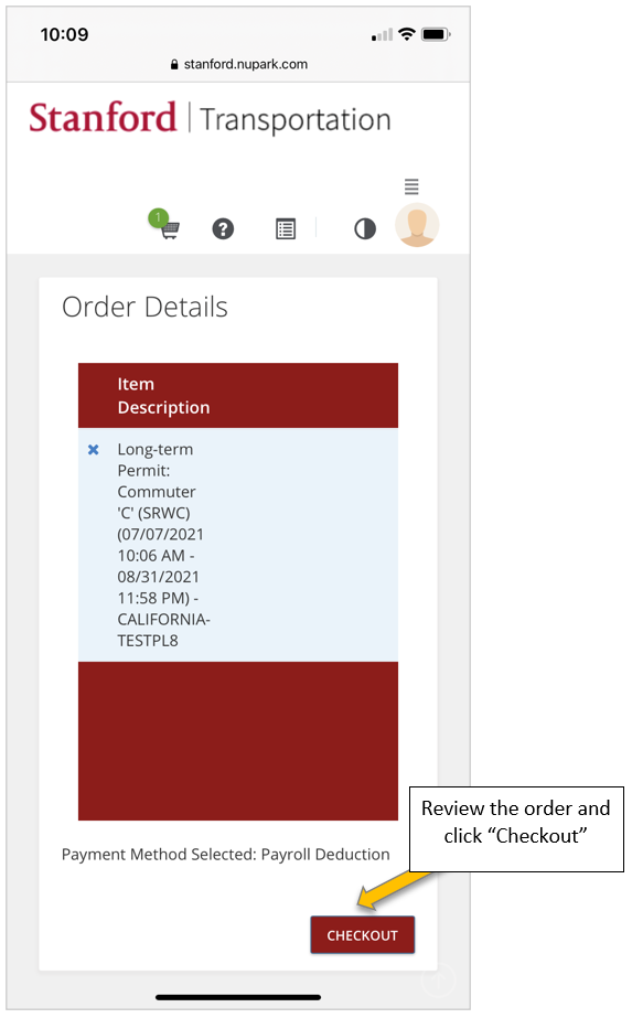 NuPark Order Details screen