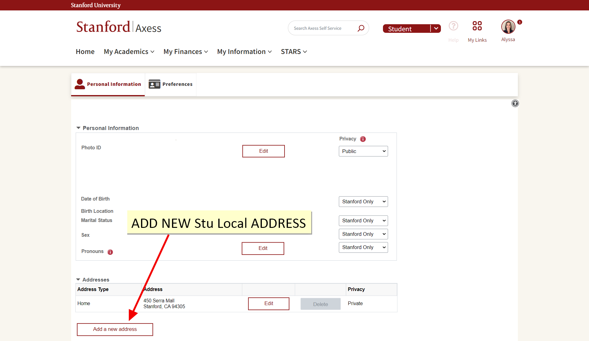 screenshot instructing user to clcik "add new stu local address"