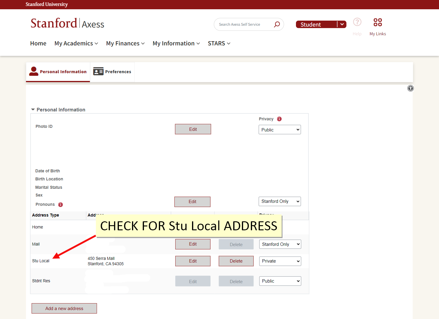 screenshot instructing user to check for address type "Su Local"