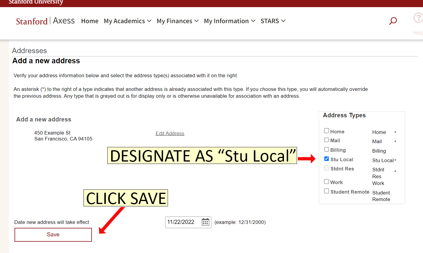 screenshot instructing user to select "stu local" checkbox to designate address as their "Stu Local"