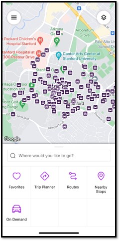 Step 5 image shows Stanford campus map and options to get on demand ride, plan a trip, favorite certain stops, and see what stops are close to the you