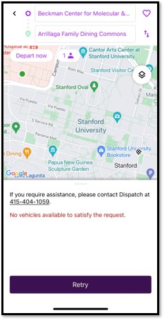 Step 7 image shows that if no vehicles are available to contact Dispatch at the provided phone number 