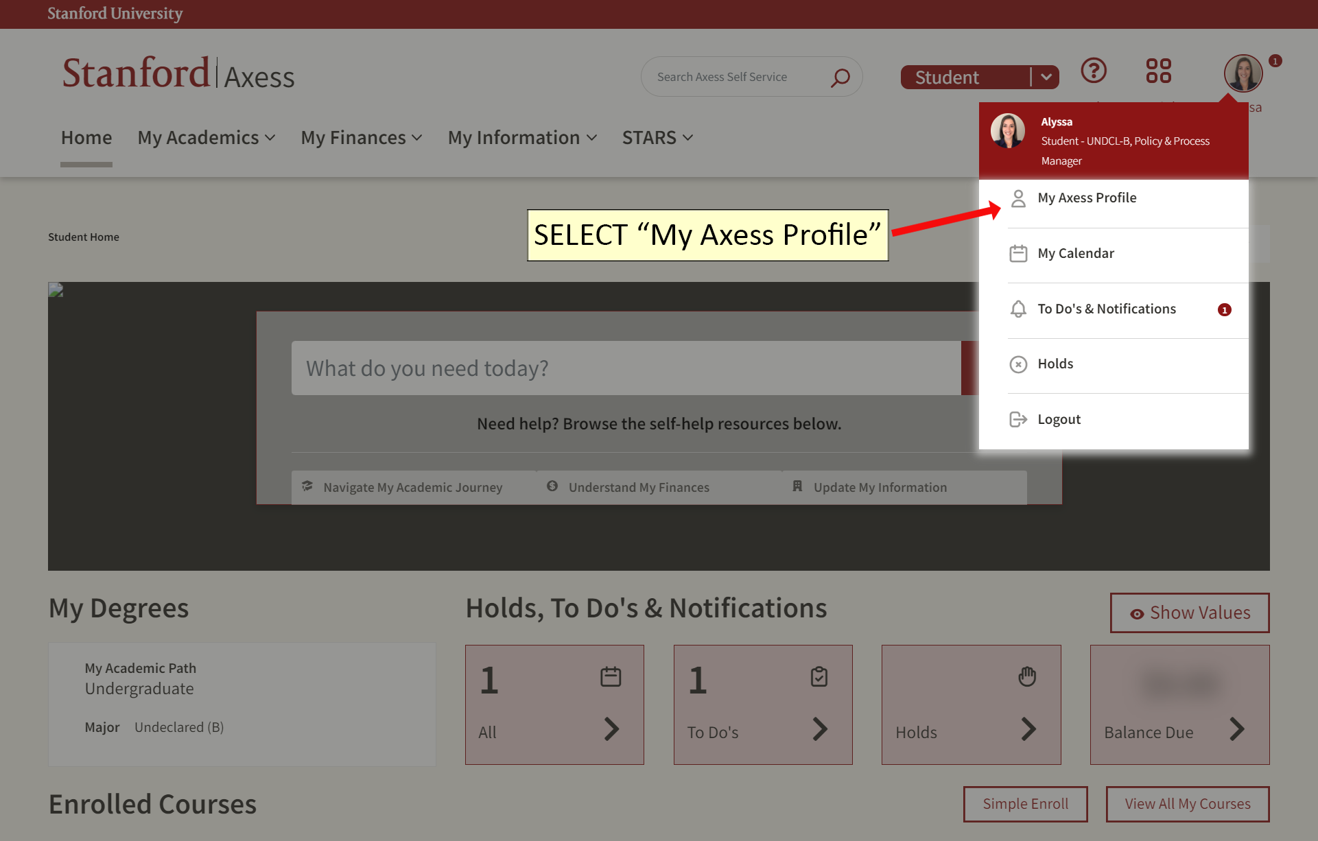 screenshot instructing user to select "My Axess Profile"